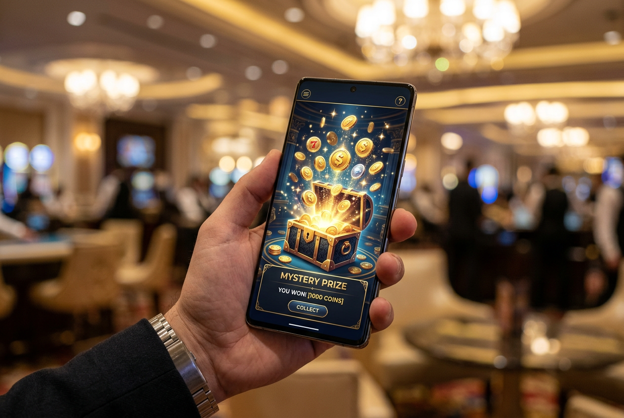 A mystery prize drop box opening on a smartphone screen with golden coins.